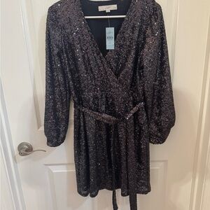 LOFT Shimmering Black Sequin Belted Dress Party Holiday Festival